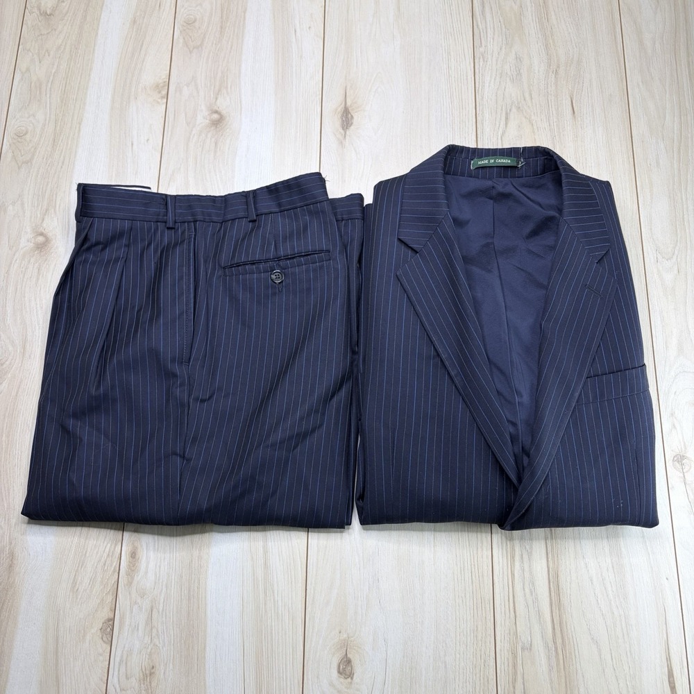 Lauren Ralph Lauren Mens Double Pin Stripe 100% Wool Suit Navy Blue 40R W:35x32L